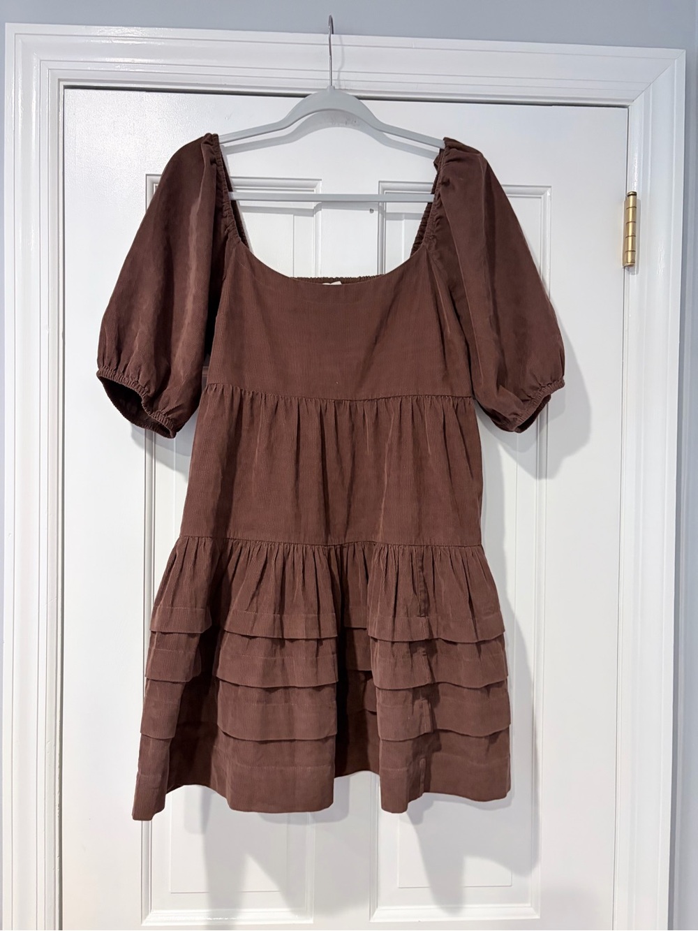 American Eagle Outfitters Brown Puff-Sleeve Tiered Mini Dress - Picture 3 of 11